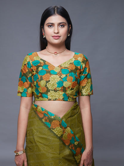 SUMANGALI Olive Printed Pure Cotton Saree