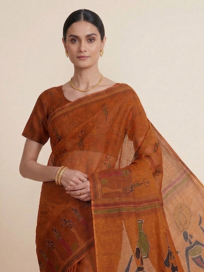 Rust Warli Printed Pure Cotton Saree