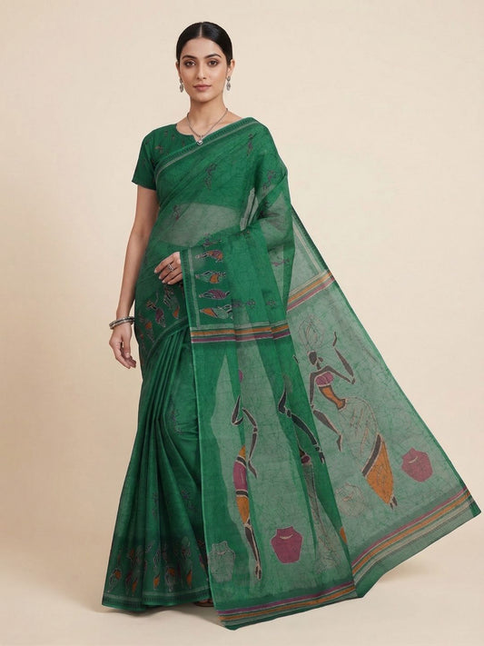 Green Warli Printed Pure Cotton Saree
