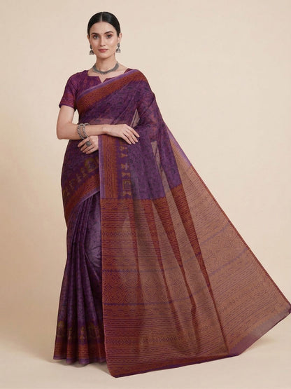 Wine Warli Printed Pure Cotton Saree