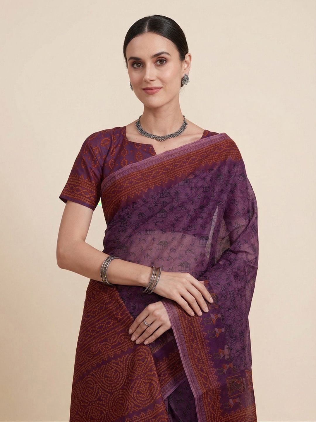 Wine Warli Printed Pure Cotton Saree