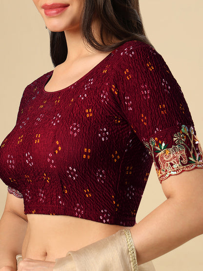 Maroon Embroidered Non Padded Stretchable Garba Saree Blouse