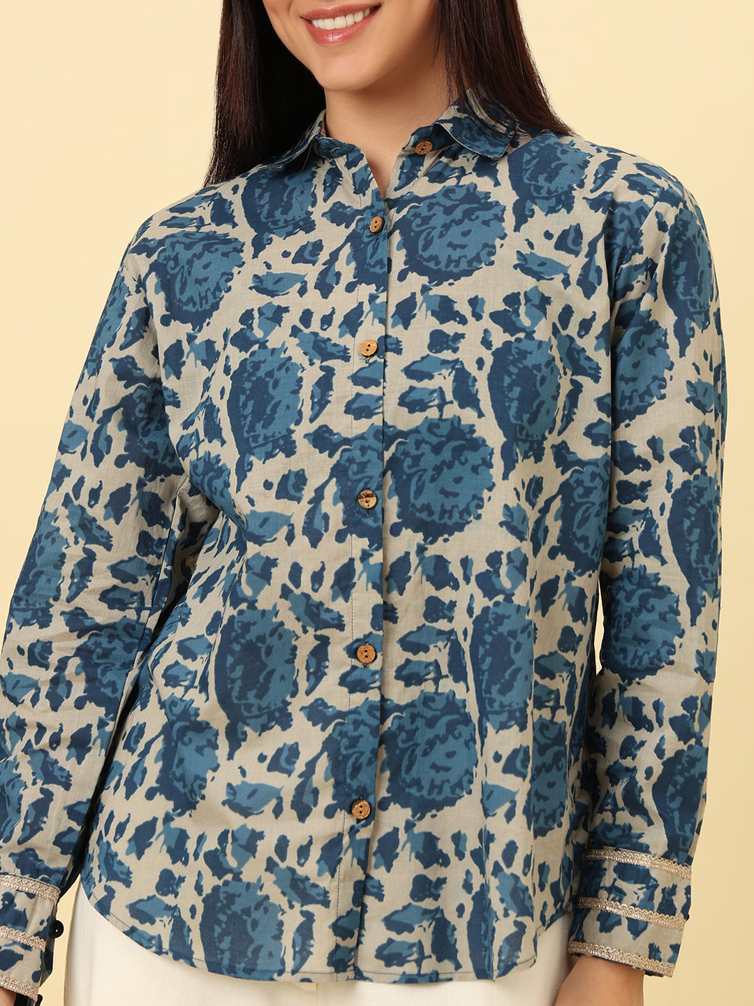 Blue Cotton Printed Oversized Casual Shirt