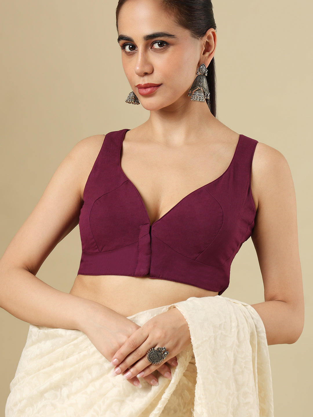 Wine Pure Cotton Sleeveless Readymade Blouse