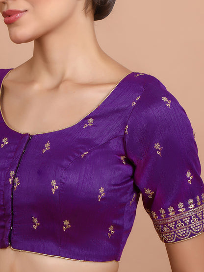 Purple Silk Embroidered Round Neck Readymade Blouse