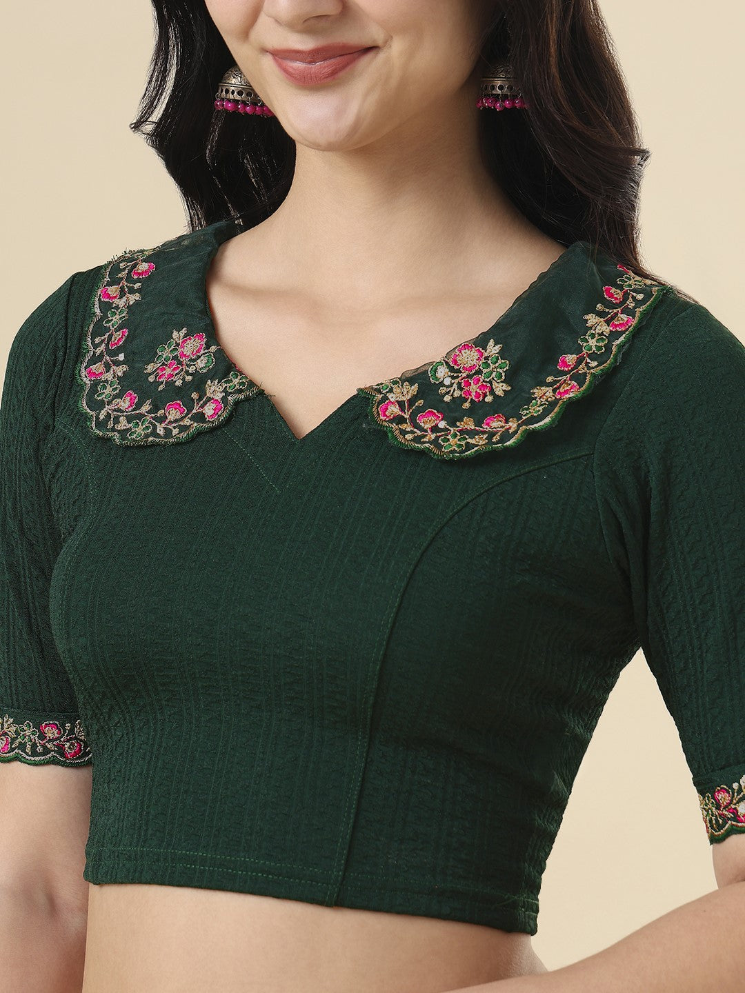Green Lycra Peter Pan Collar Neck Readymade Blouse