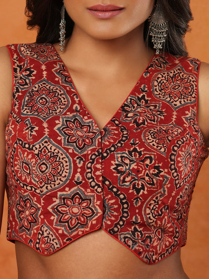 Red Pure Cotton Hand Block Printed Ajrak Sleeveless Readymade Blouse