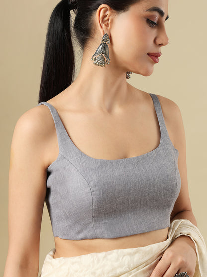 Grey Pure Linen Sleeveless Readymade Saree Blouse