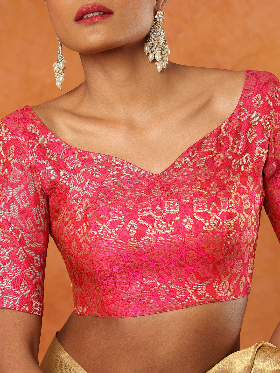 Pink Brocade Sweetheart Neck Readymade Blouse