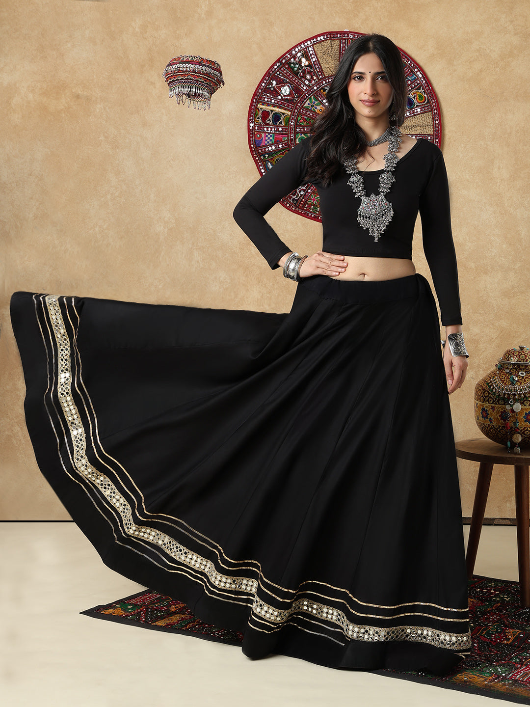 Black Embellished Garba Cotton Readymade Skirt For Navratri