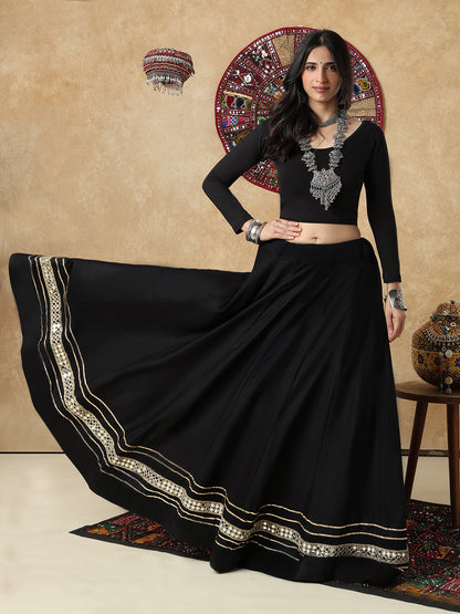 Black Embellished Garba Cotton Readymade Skirt For Navratri