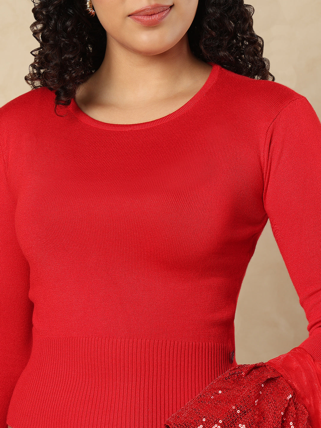Red Woolen Round Neck Readymade Blouse