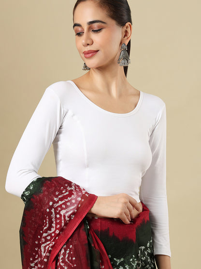 White Cotton Lycra Round Neck Stretchable Saree Blouse