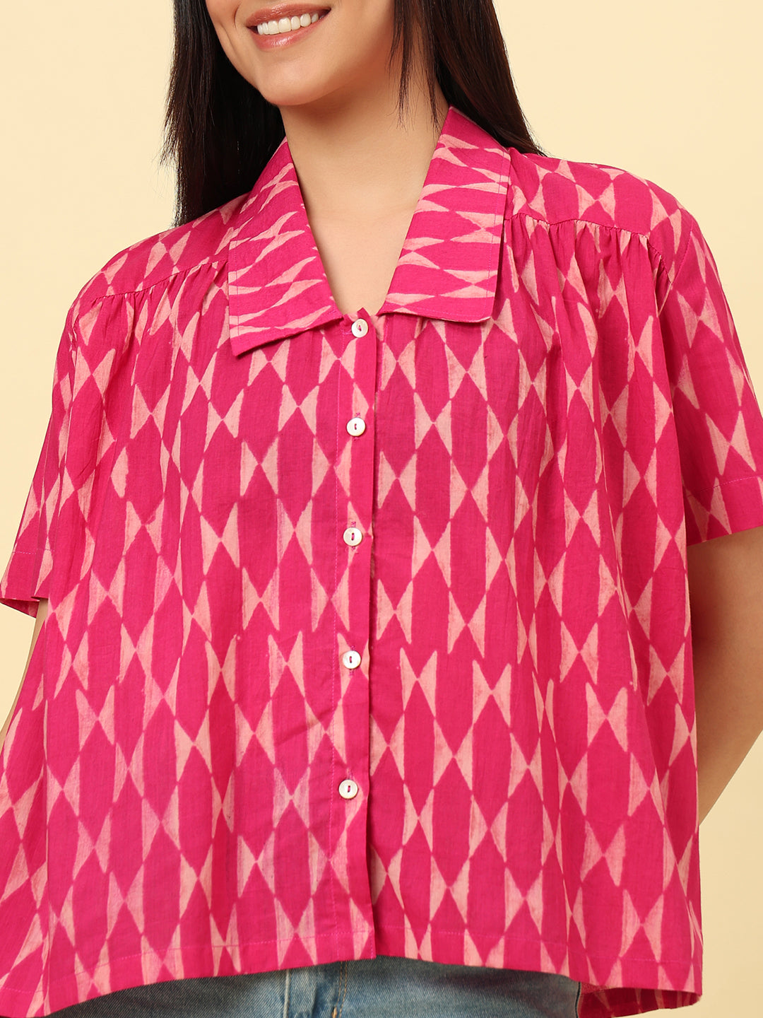 Pink Cotton Printed Oversized Casual Shirt