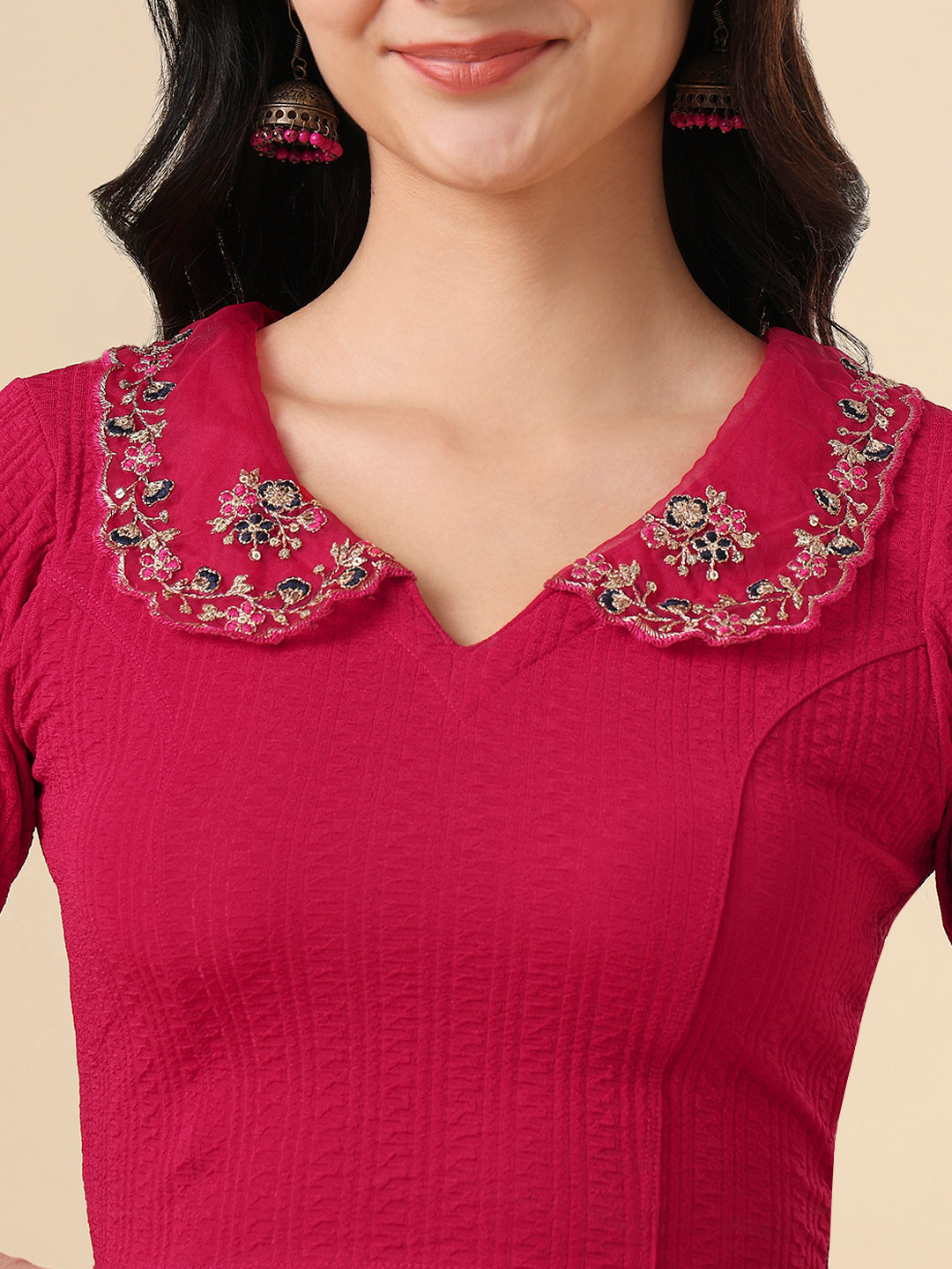 Pink Lycra Peter Pan Collar Neck Readymade Blouse