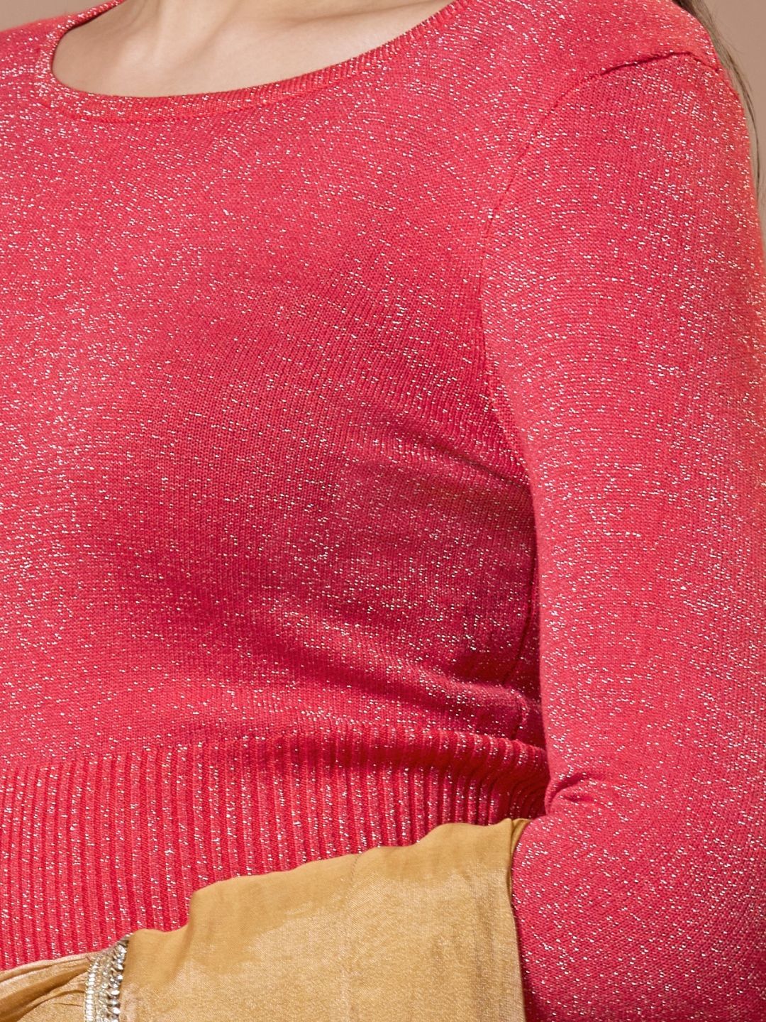 Red Woolen Round Neck Full Sleeves Stretchable Readymade Blouse