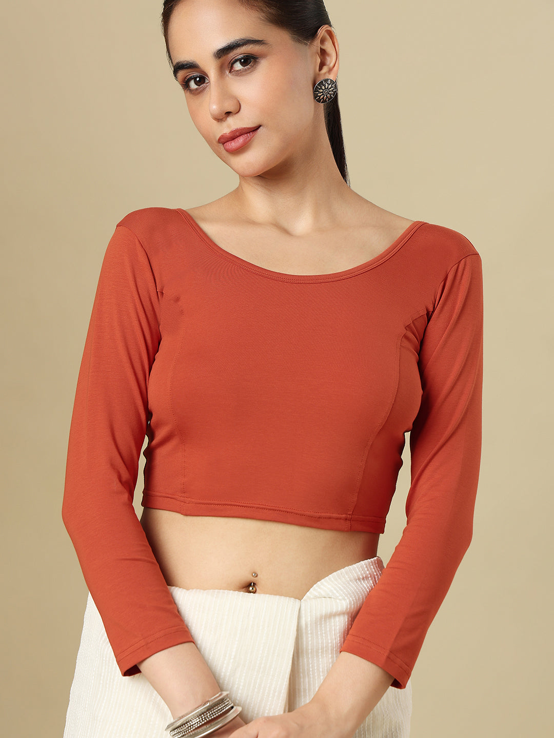 Rust Cotton Lycra Round Neck Stretchable Saree Blouse