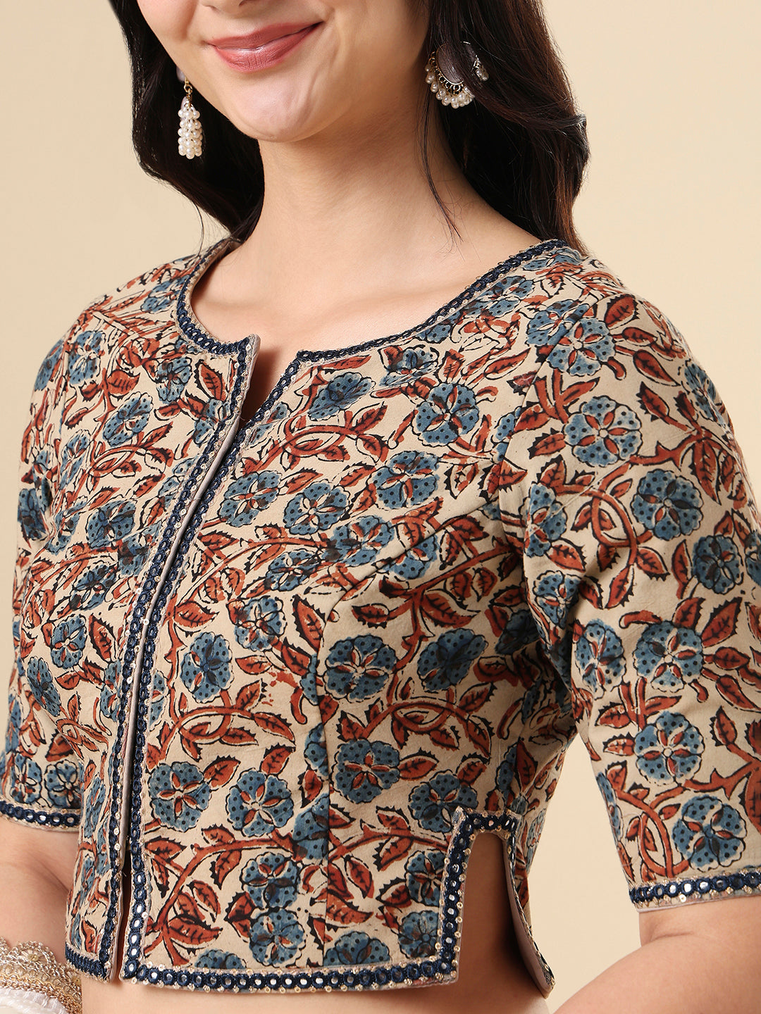 Beige Pure Cotton Ajrakh Hand Block Printed Readymade Blouse