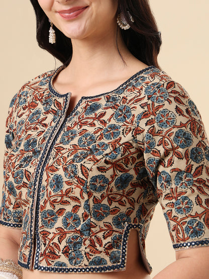 Beige Pure Cotton Ajrakh Hand Block Printed Readymade Blouse