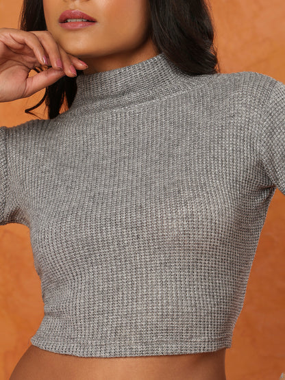 Grey Knitted Turtle Neck Stretchable Readymade Blouse