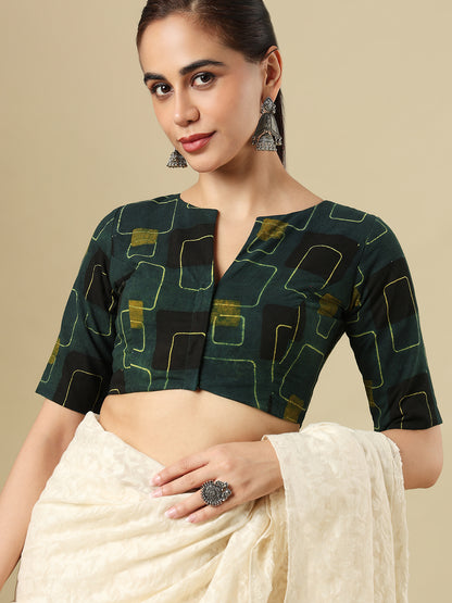 Ajrak Block Printed Cotton Boat Neck Padded Saree Blouse