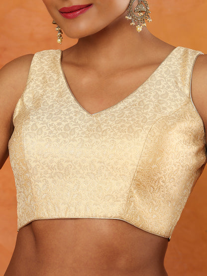 Golden Brocade Sleeveless V Neck Readymade Blouse