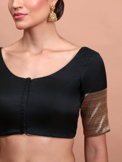 Black Silk Round Neck Readymade Blouse With Elbow Length Sleeves
