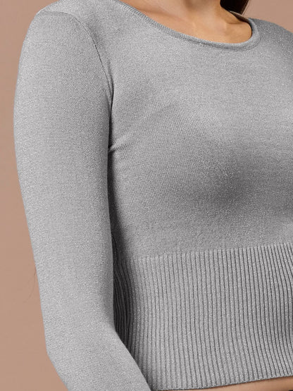 Grey Woolen Round Neck Full Sleeves Stretchable Readymade Blouse