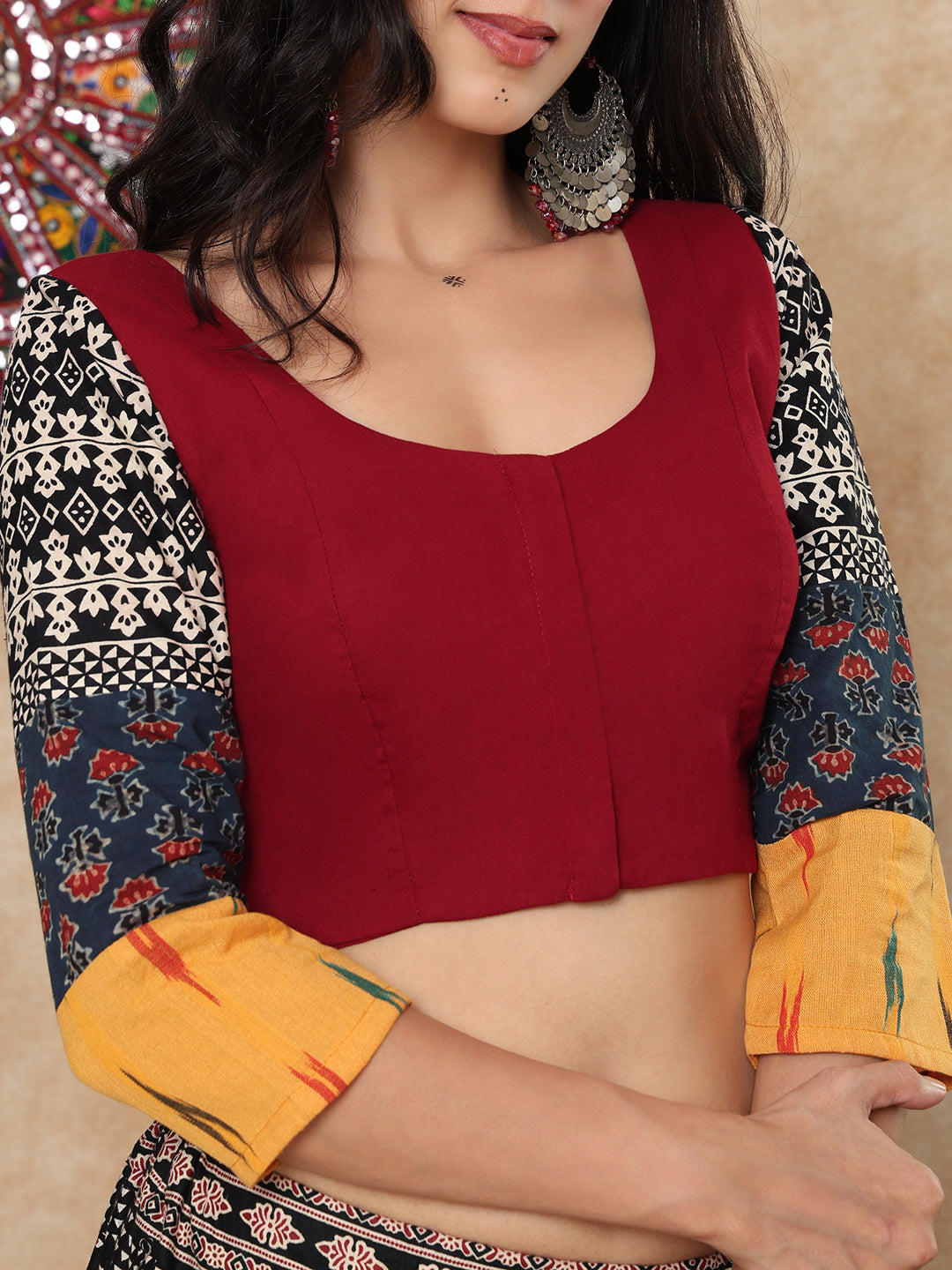 Maroon Cotton Round Neck Readymade Blouse