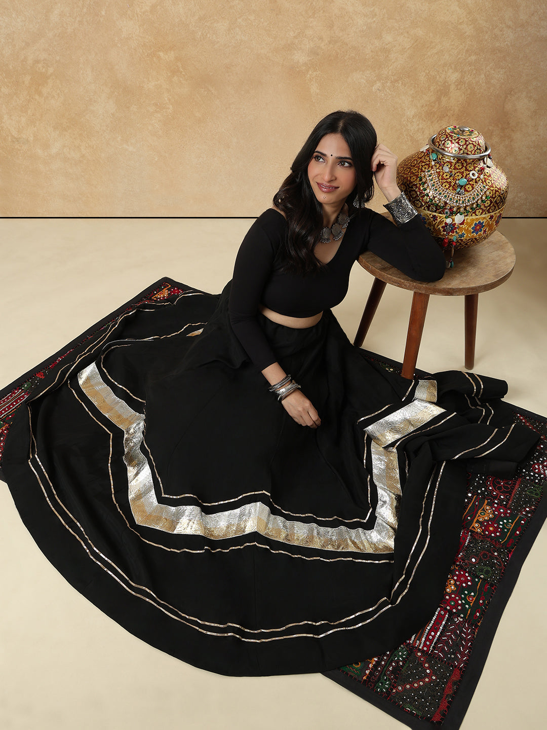Black Embellished Lace Work Garba Cotton Readymade Skirt For Navratri