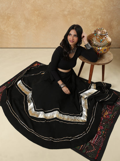Black Embellished Lace Work Garba Cotton Readymade Skirt For Navratri