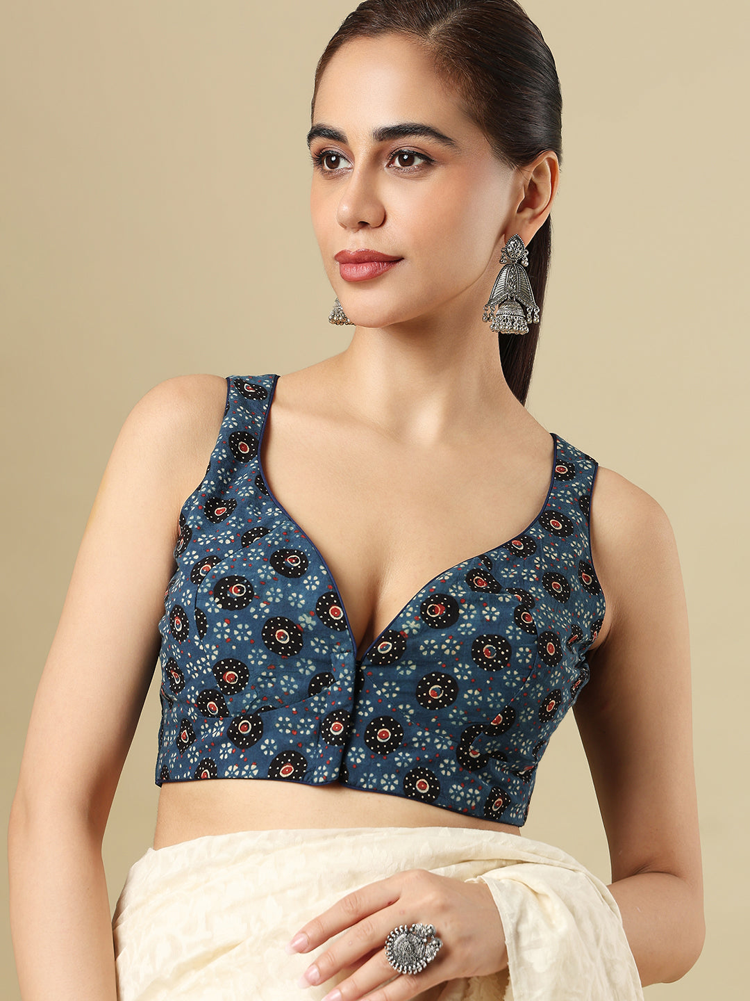Blue Pure Cotton Ajrakh Hand Block Printed Readymade Blouse