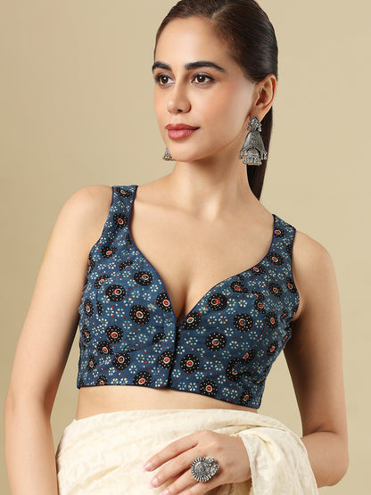Blue Pure Cotton Ajrakh Hand Block Printed Readymade Blouse