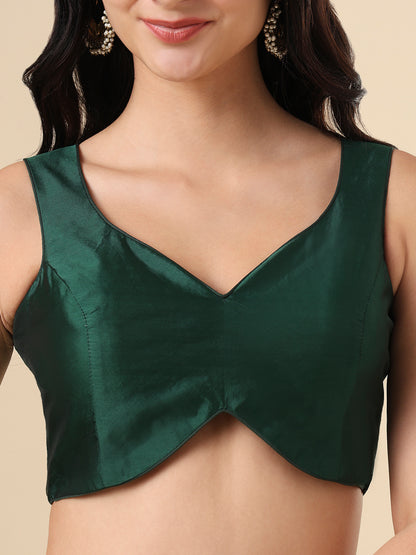 Green Silk Sleeveless Readymade Blouse