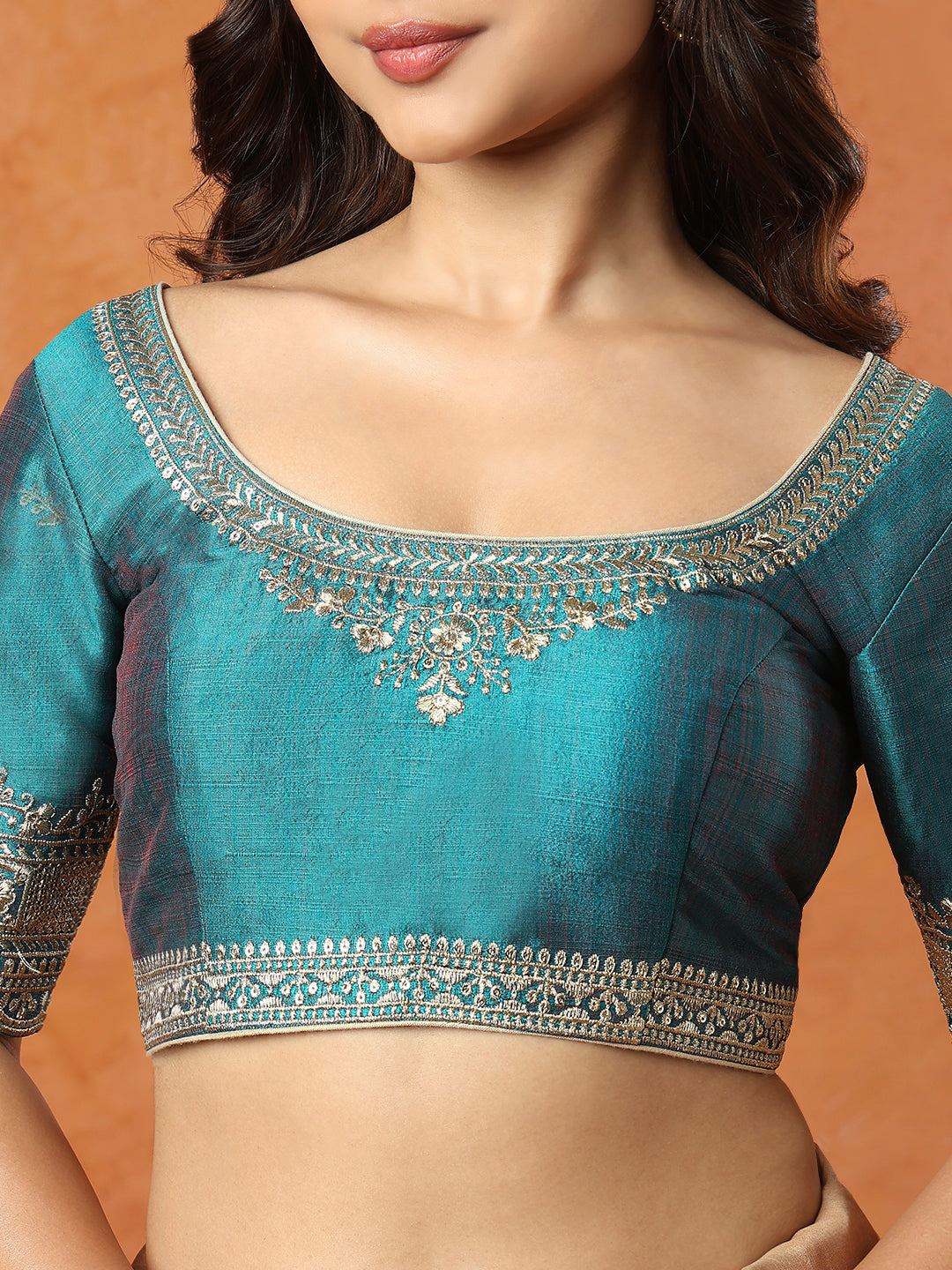 Green Mulberry silk Round Neck Readymade Blouse