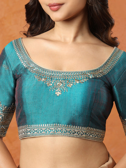 Green Mulberry silk Round Neck Readymade Blouse