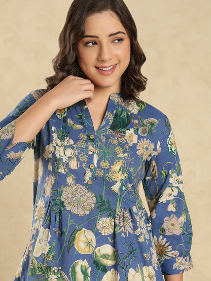 Lavender Cotton Floral Printed Short Kurti