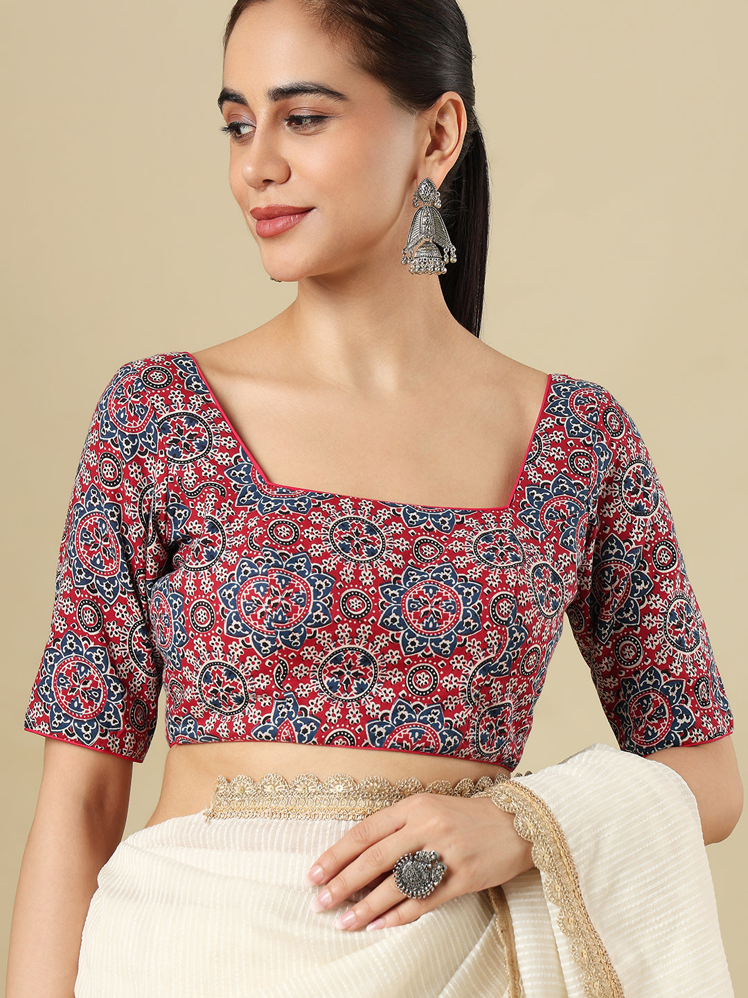 Cotton Ajrakh Printed Square Neck Padded Saree Blosus