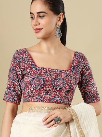 Cotton Ajrakh Printed Square Neck Padded Saree Blosus