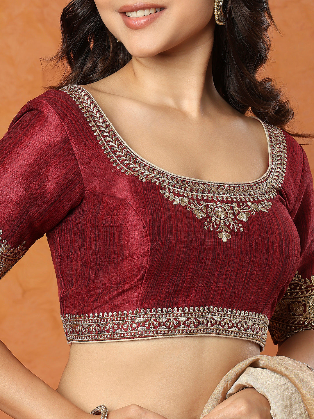 Maroon Mulberry Silk Round Neck Readymade Blouse