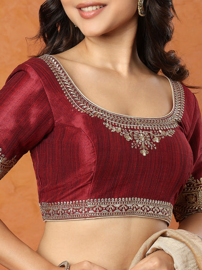 Maroon Mulberry Silk Round Neck Readymade Blouse
