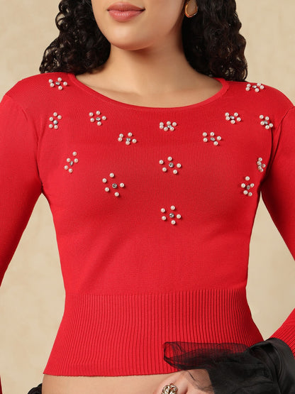 Red Woolen Round Neck Readymade Blouse