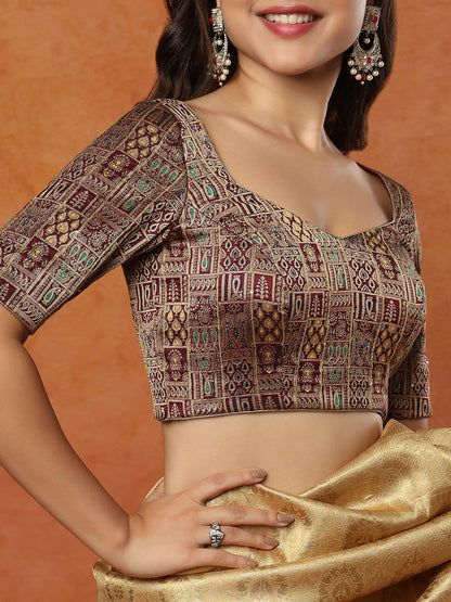 Maroon Brocade Sweetheart Neck Readymade Blouse