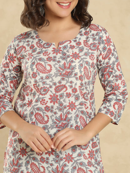 White Cotton Printed Short Kurti