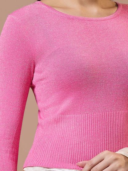 Pink Woolen Round Neck Full Sleeves Stretchable Readymade Blouse