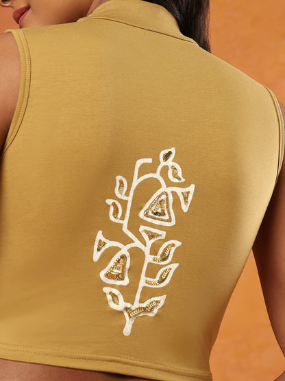 Beige Cotton Hand Block Printed Stretchable Sleeveless Blouse