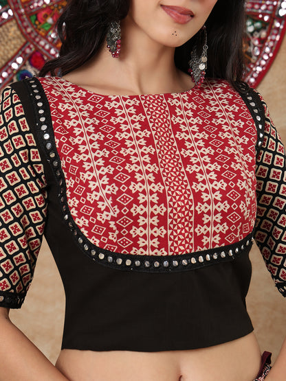 Black Cotton Boat Neck Padded Readymade Blouse