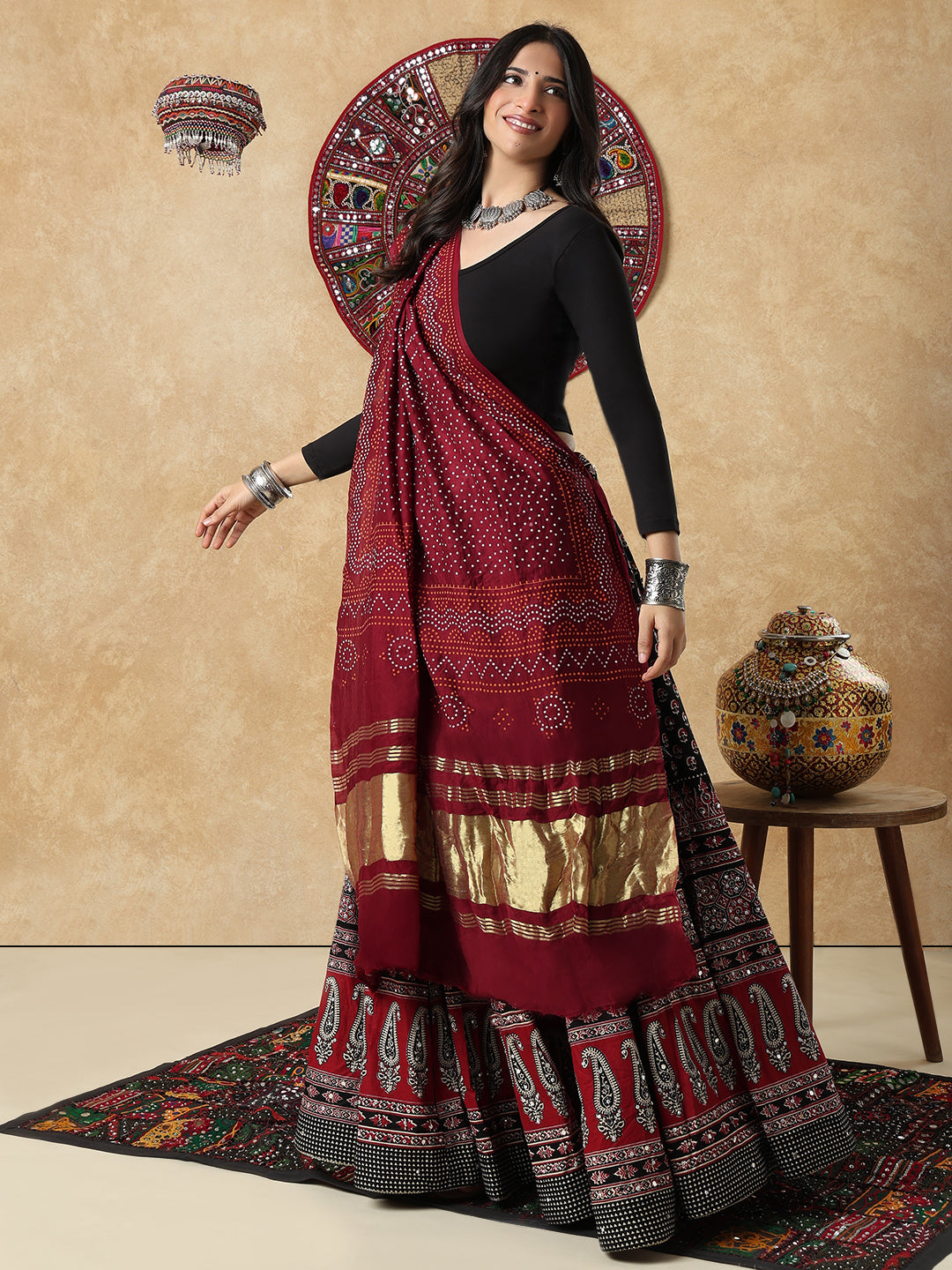Maroon Silk Bandhani Printed Festive Garba Dupatta For Navratri