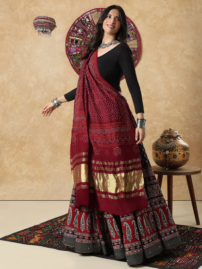 Maroon Silk Bandhani Printed Festive Garba Dupatta For Navratri