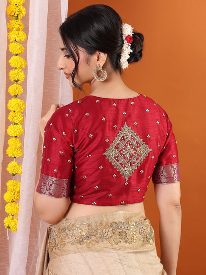 Maroon Silk Embroidered Sweetheart Neck Padded Saree Blouse